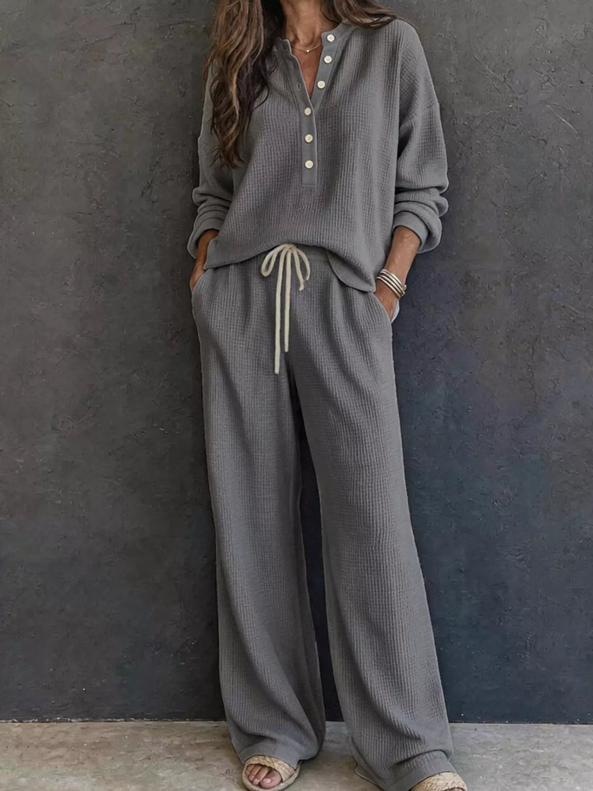 Waffle Knit Henley Top and Wide Leg Pants Set - Dark Gray - View 10