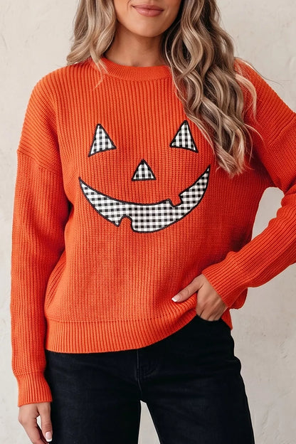 Drop Shoulder Long Sleeve Round Neck Halloween Sweater - Orange - View 8