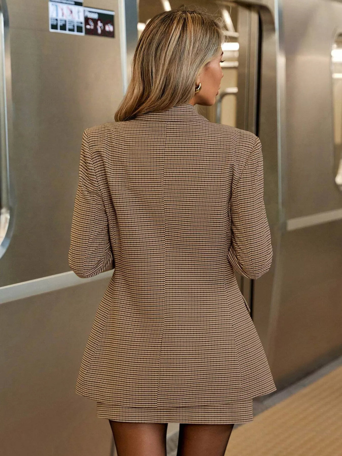 Single-Breasted Plaid Blazer and Skirt Set - Khaki - View 2