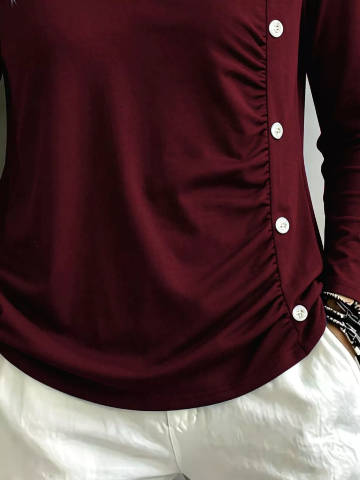 Plus Size Decorative Button Criss-Cross Long Sleeve Top - Burgundy - View 3
