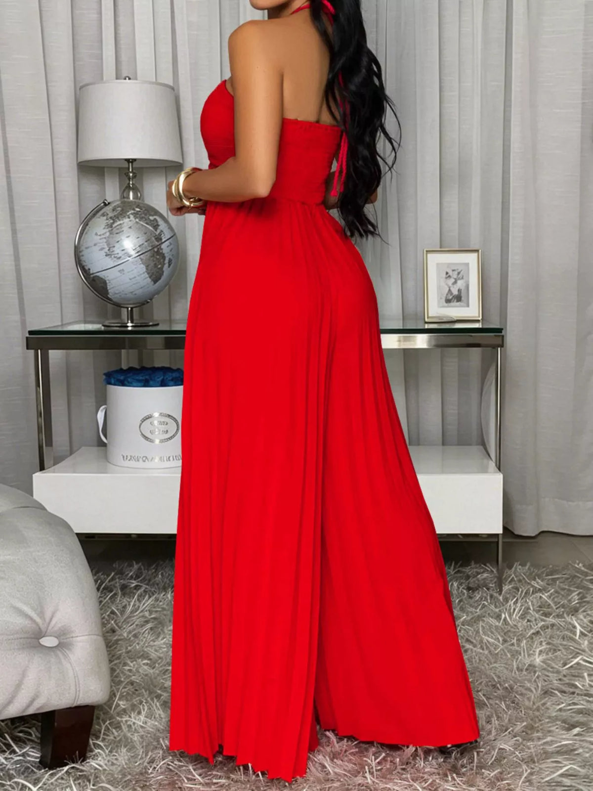 Pleated Halter Neck Wide Leg Jumpsuit - Red - View 6