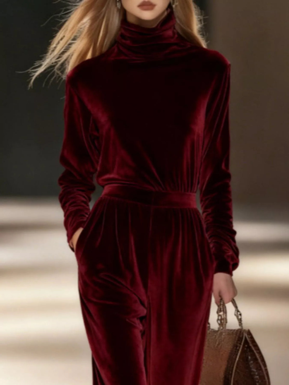 Full Size Velvet Turtleneck Long Sleeve Top and Wide-Leg Pants Set Plus Size - Wine Red - View 2