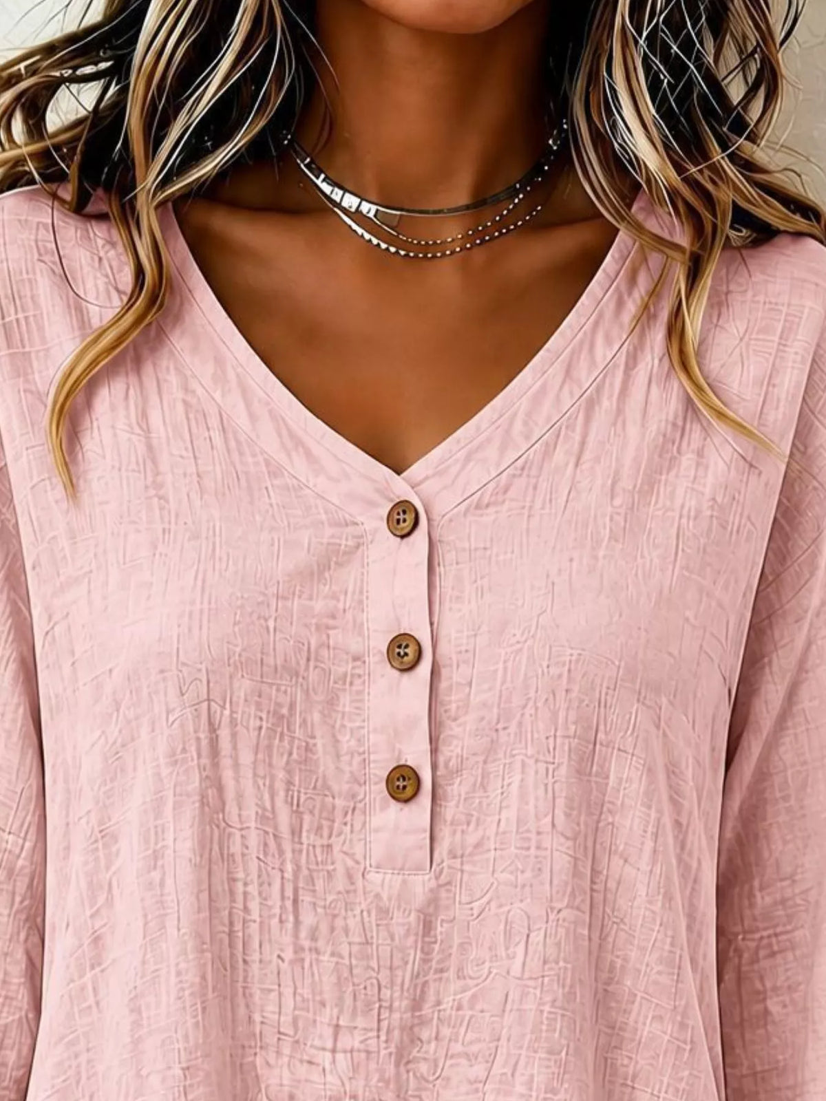 V-Neck Long Sleeve Button Detail Ruffled Hem Blouse - Pink - View 2