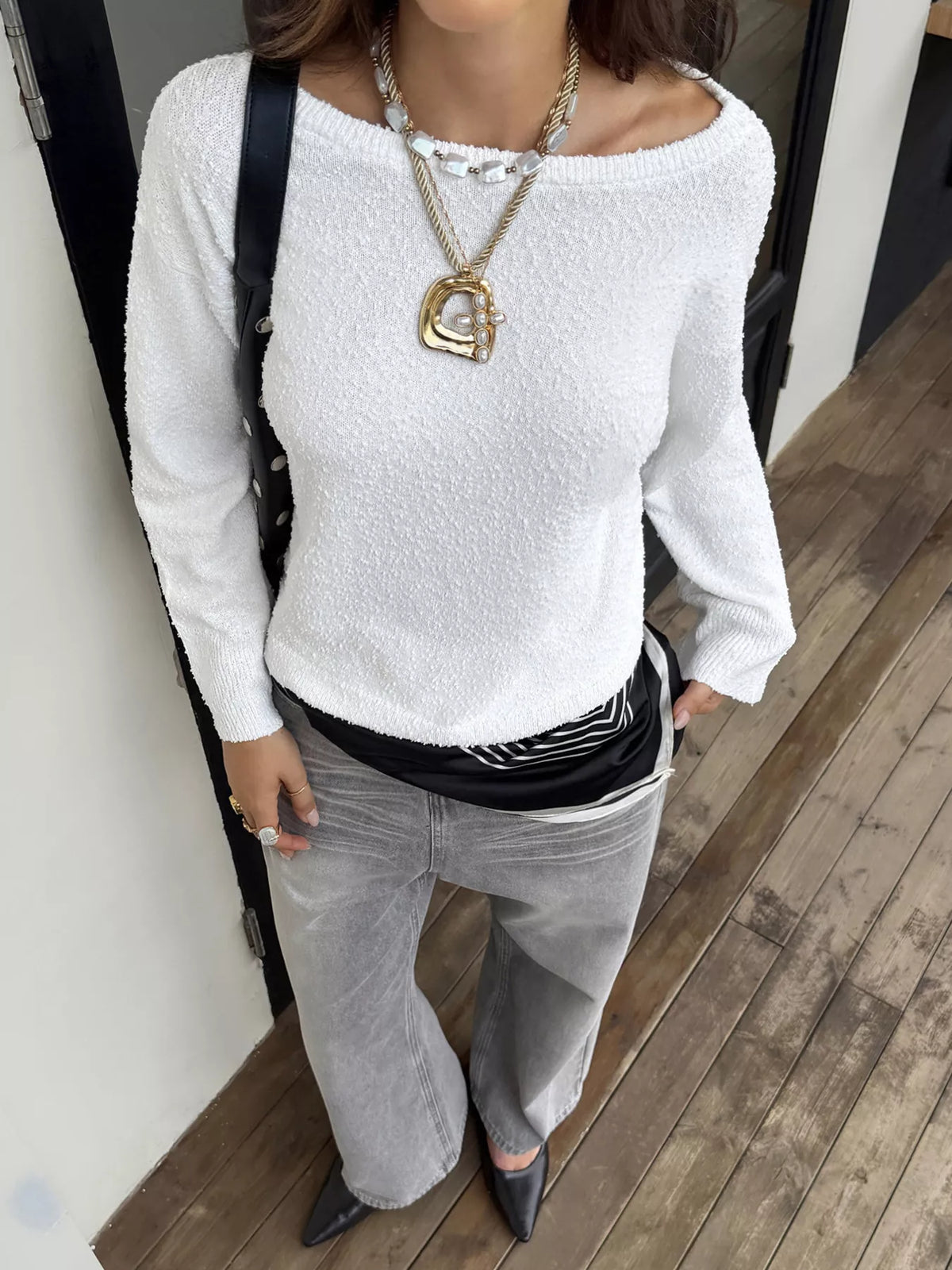 Boat Neck Dropped Shoulder Sweater - White - View 2