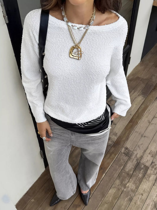 Boat Neck Dropped Shoulder Sweater - White - View 2