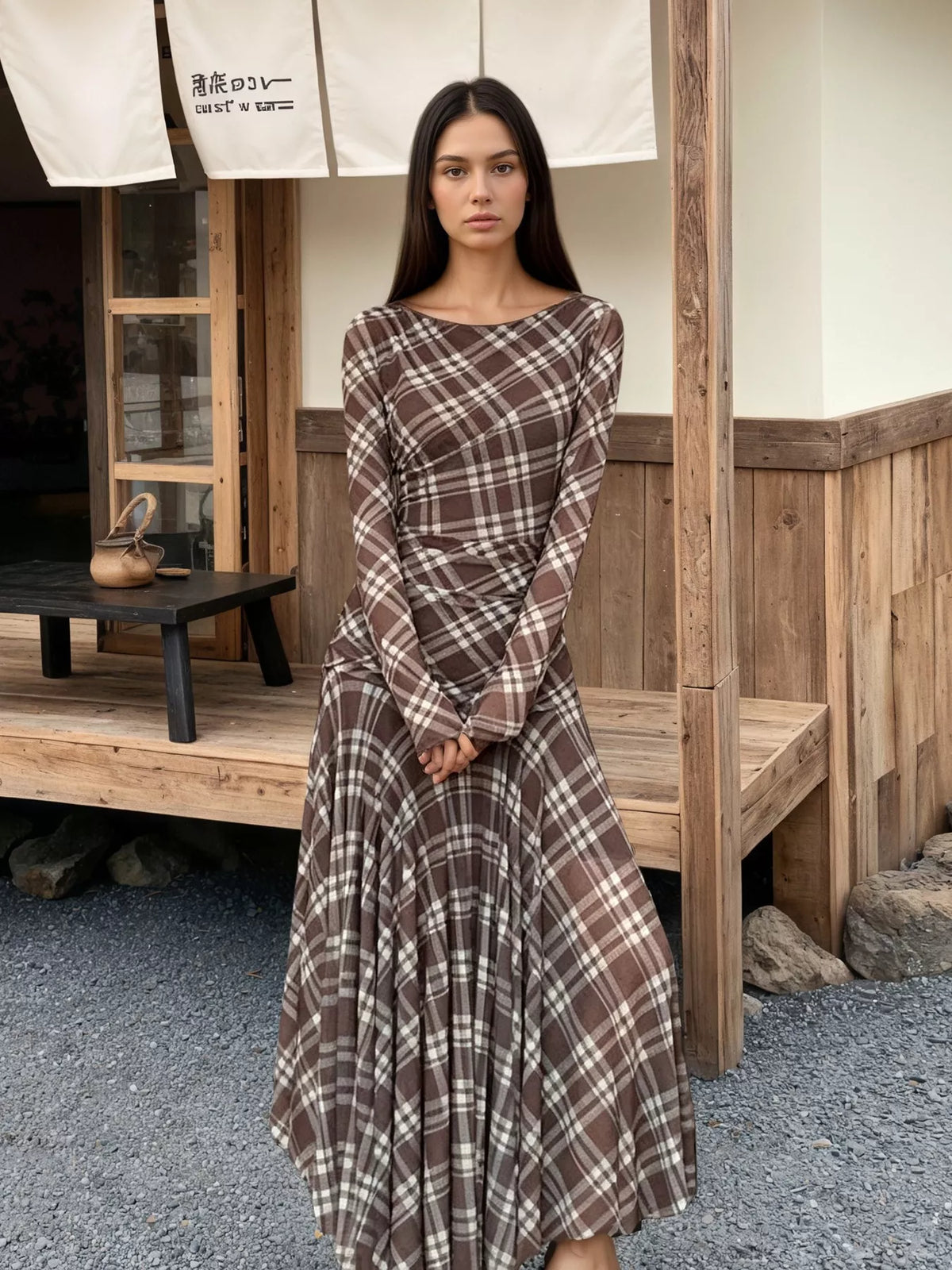 Plaid Long-Sleeve Slim-Fit Maxi Dress - Brown - View 1