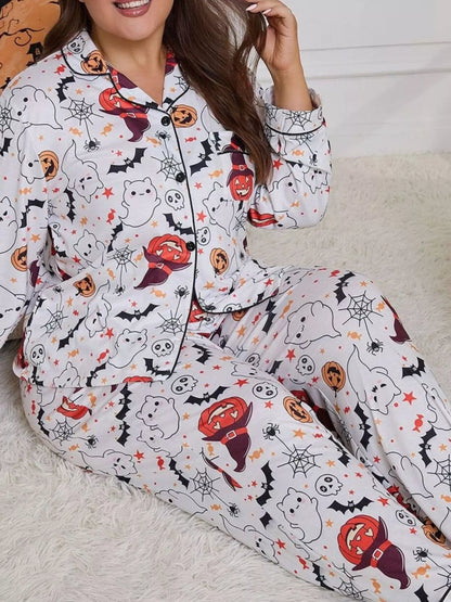 Plus Size Halloween Ghost and Pumpkin Print Top and Pants Lounge Set - White - View 2