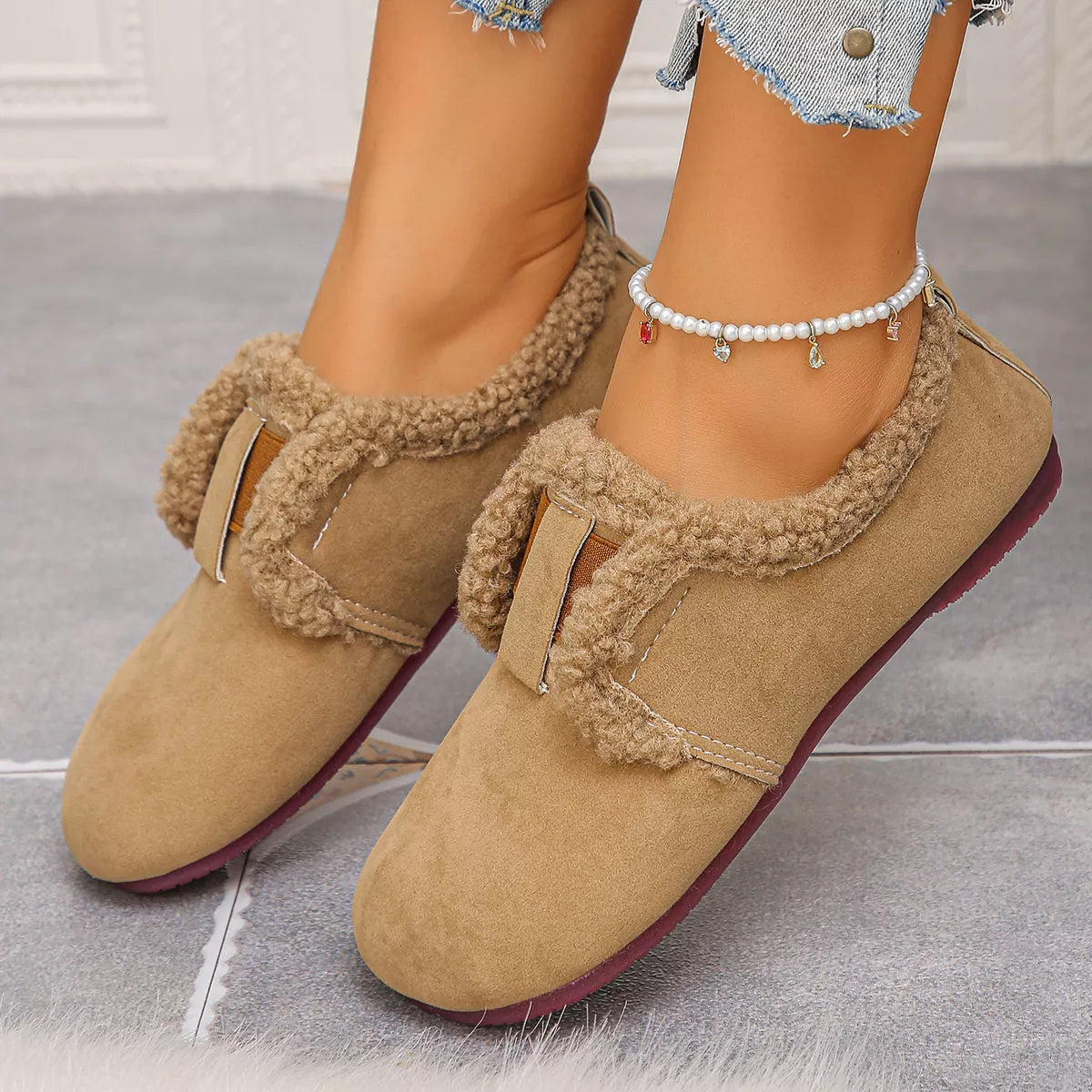 Faux Fur Lined Slip-Ons - Apricot - View 2