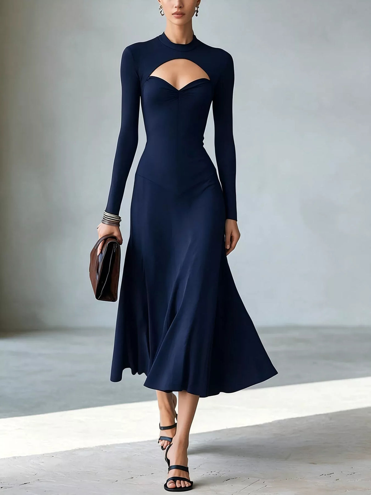 Full Size Mock Neck Cut-Out Long Sleeve Midi Dress Plus Size - Navy - View 1