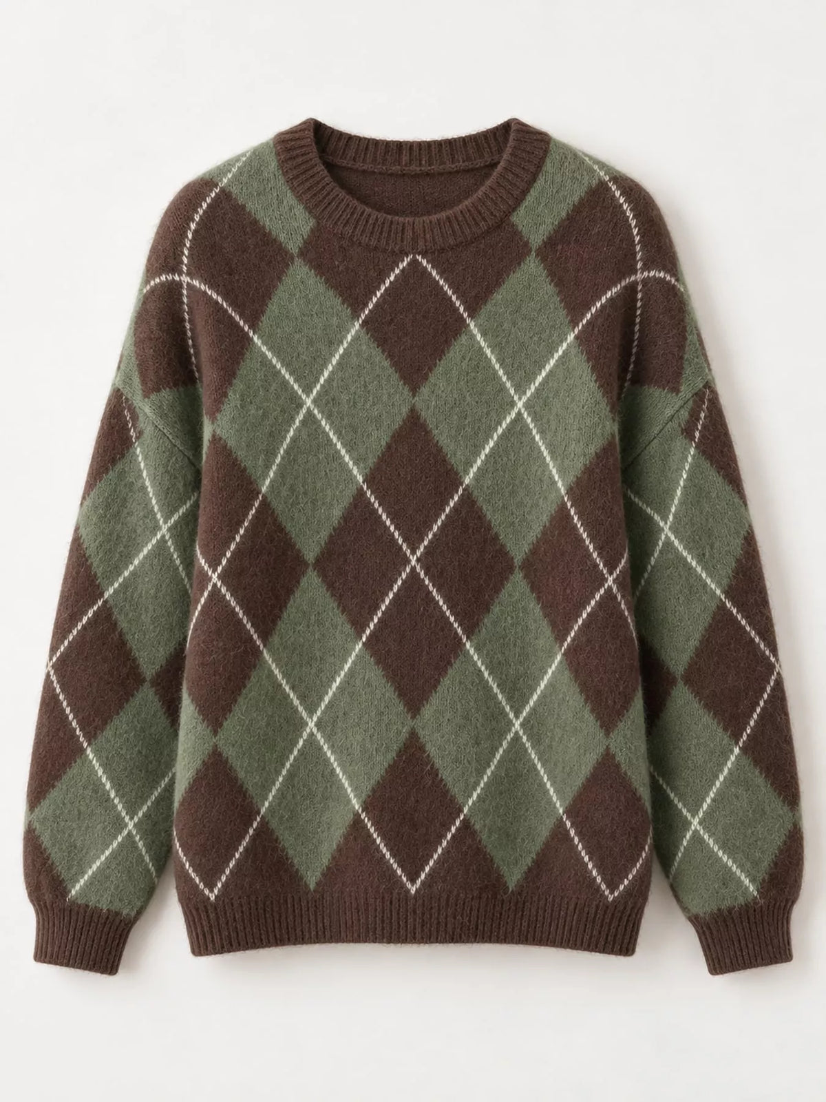 Argyle Pattern Fuzzy Knit Sweater - Green - View 25