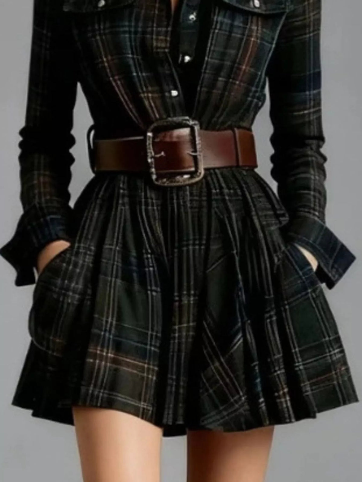 Plaid Long Sleeve Shirt Dress - Black Forest - View 2