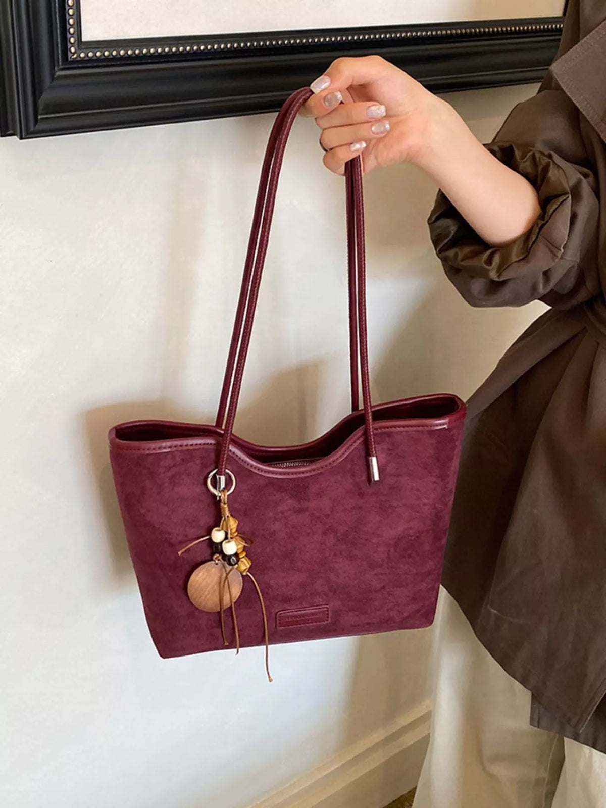 Solid Suede Shoulder Bag - Wine Red - View 4