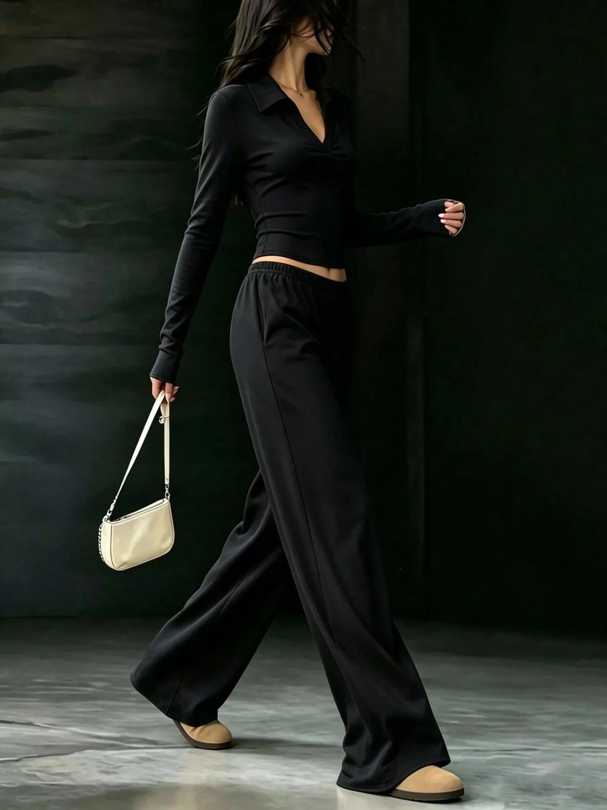 Solid Color Long Sleeve Polo Collar Top and Wide Leg Pants Set - Black - View 4