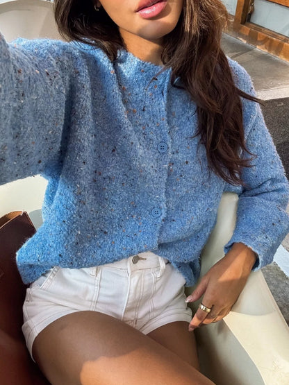 Textured Knit Button-Up Cardigan - Blue - View 2