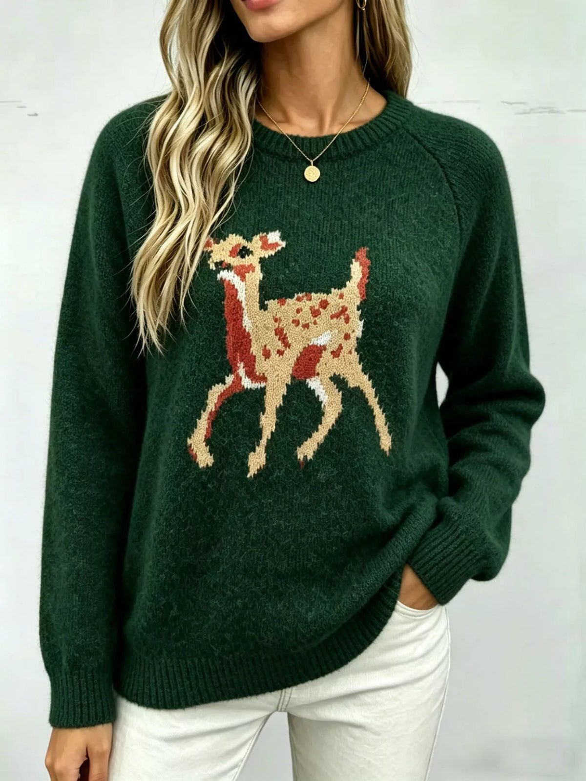 Deer Pattern Raglan Sleeve Sweater - Dark Green - View 2