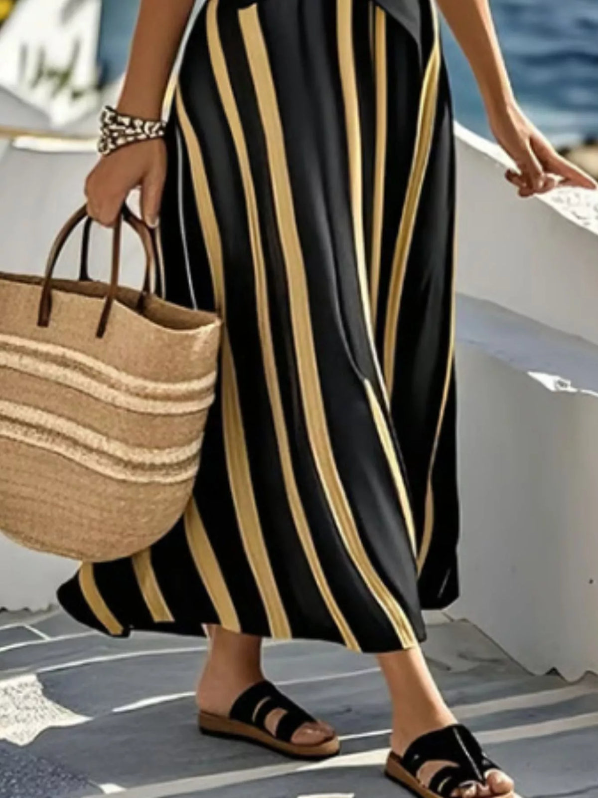 Full Size Striped Surplice Half Sleeve Midi Dress Plus Size - Black - View 3