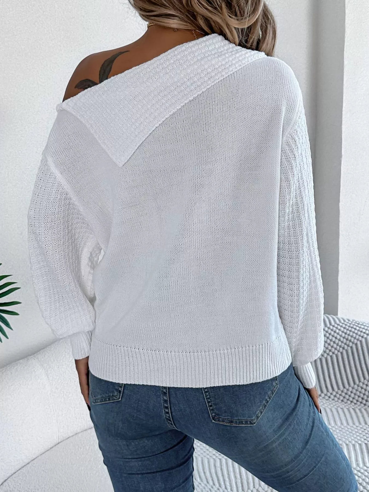 One Shoulder Cable Knit Sweater - White - View 5