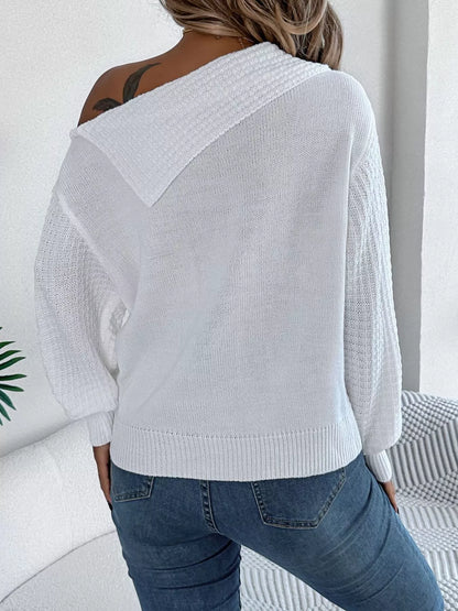 One Shoulder Cable Knit Sweater - White - View 5