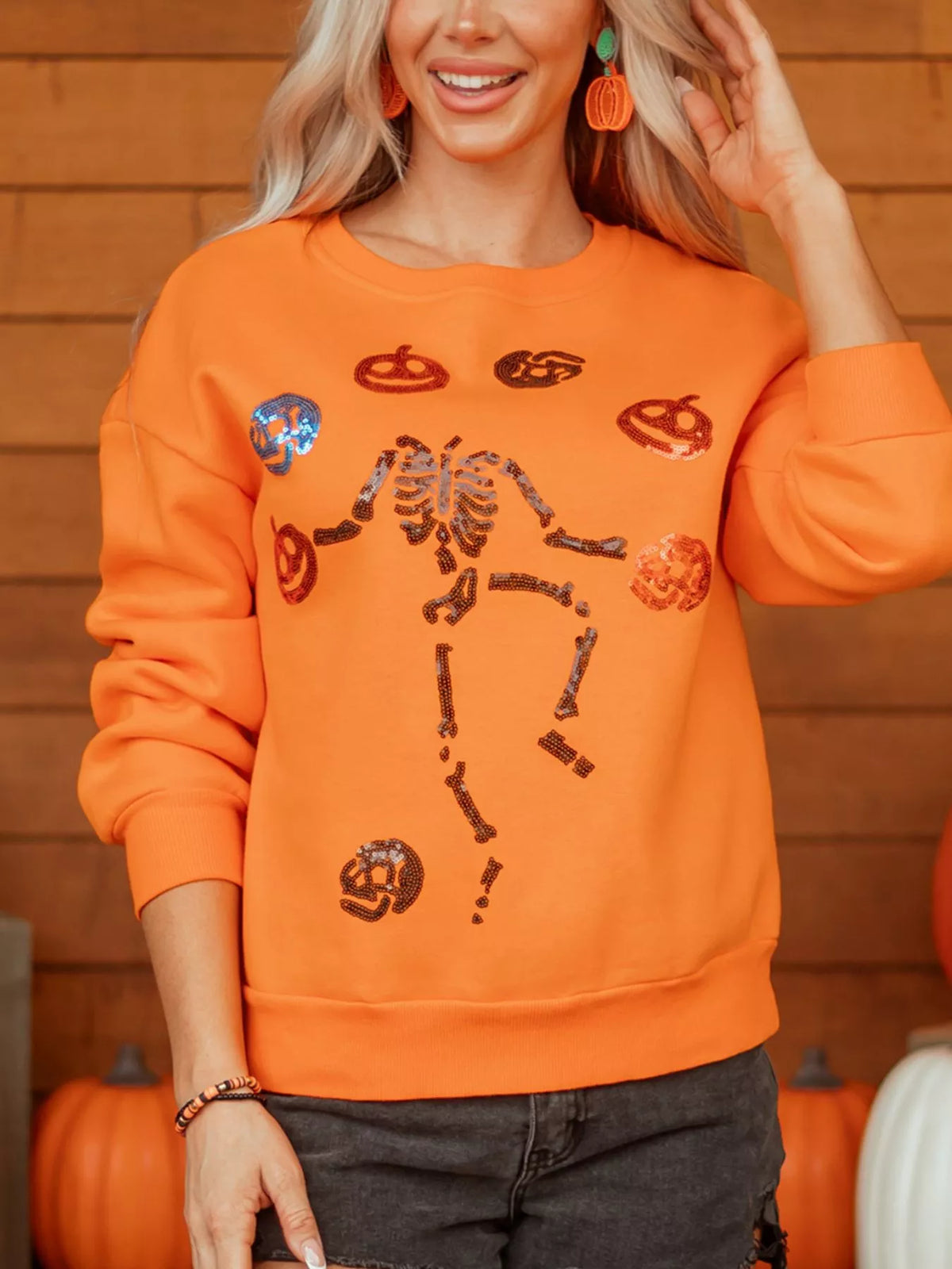 Dancing Critters Sequin Halloween Crewneck Sweatshirt - Orange - View 5