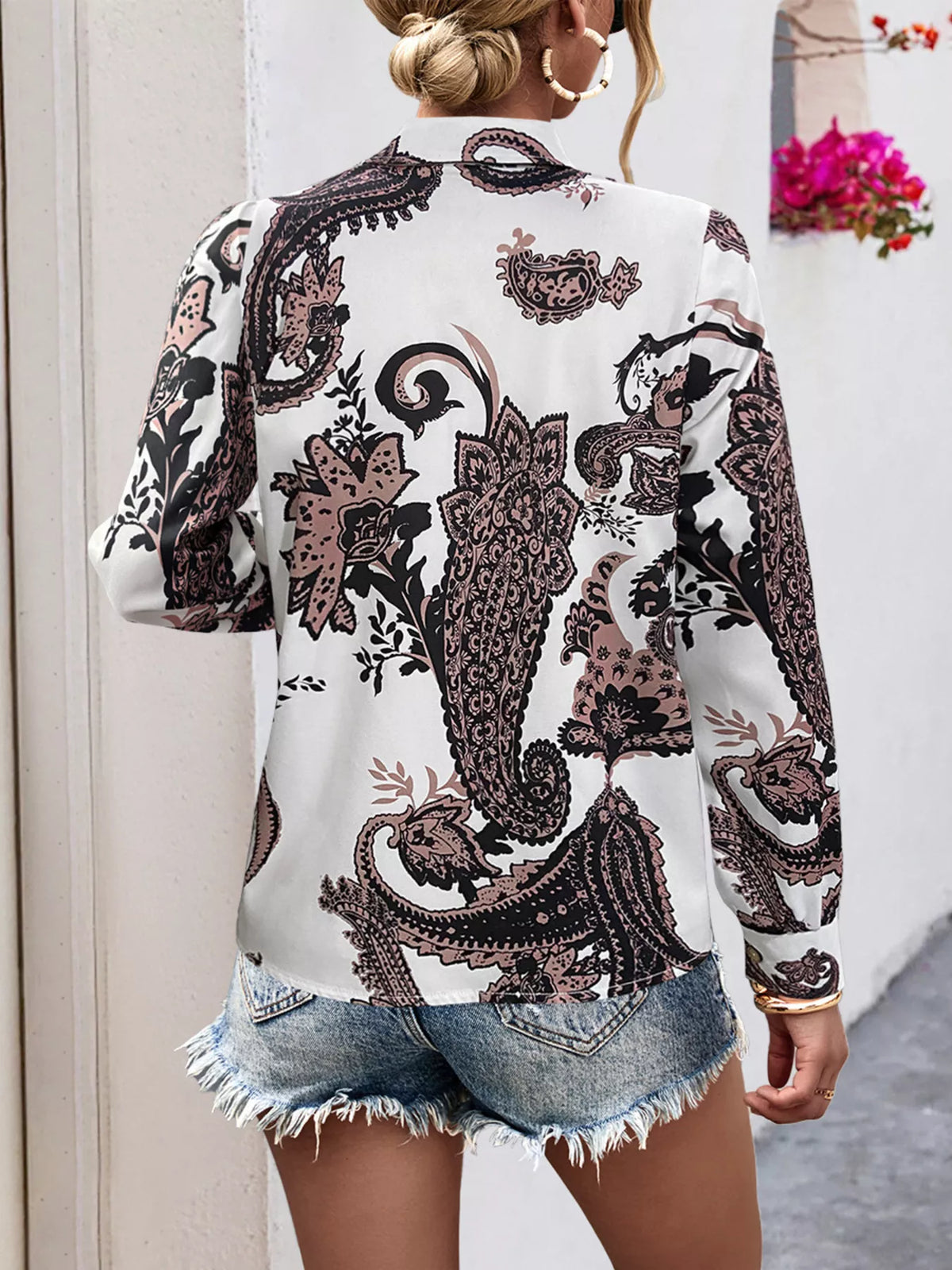 Printed Button-Down Long Sleeve Shirt - Multicolor - View 3