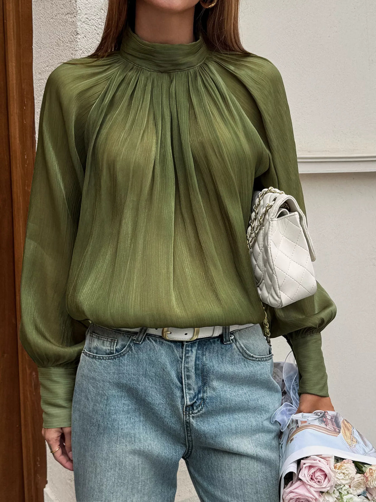 Mock Neck Lantern Sleeves Blouse - Green - View 2
