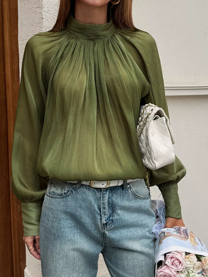 Mock Neck Lantern Sleeves Blouse - Green - View 2