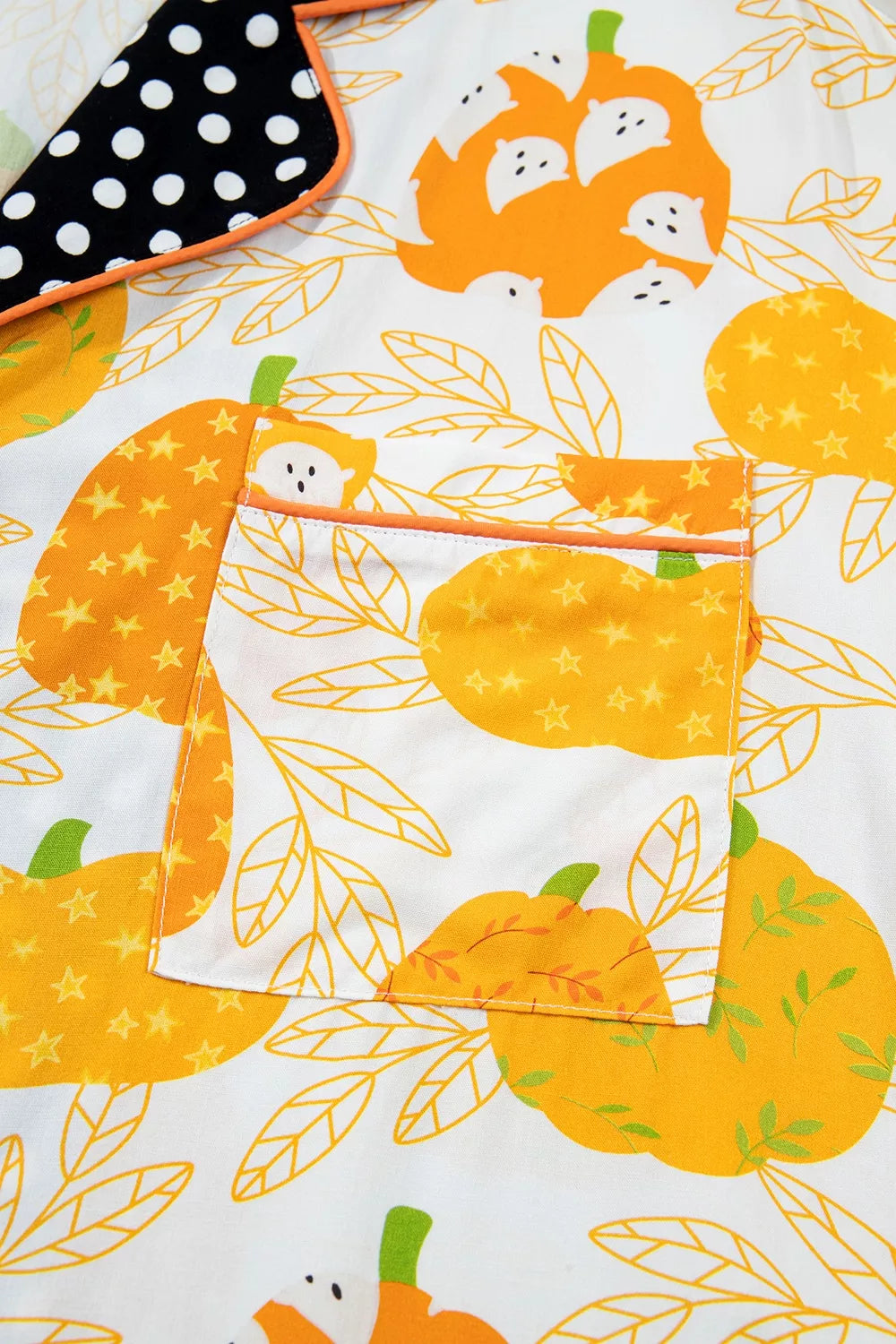 Short Sleeve Pumpkin Print Polka Dot Trim Pocket Placket Lounge Set - Sherbet - View 10