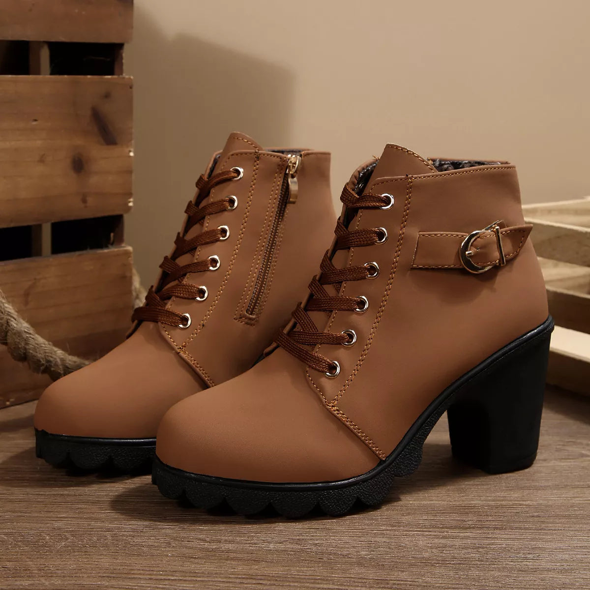 Lace Up Block Heels Boots - Brown - View 10