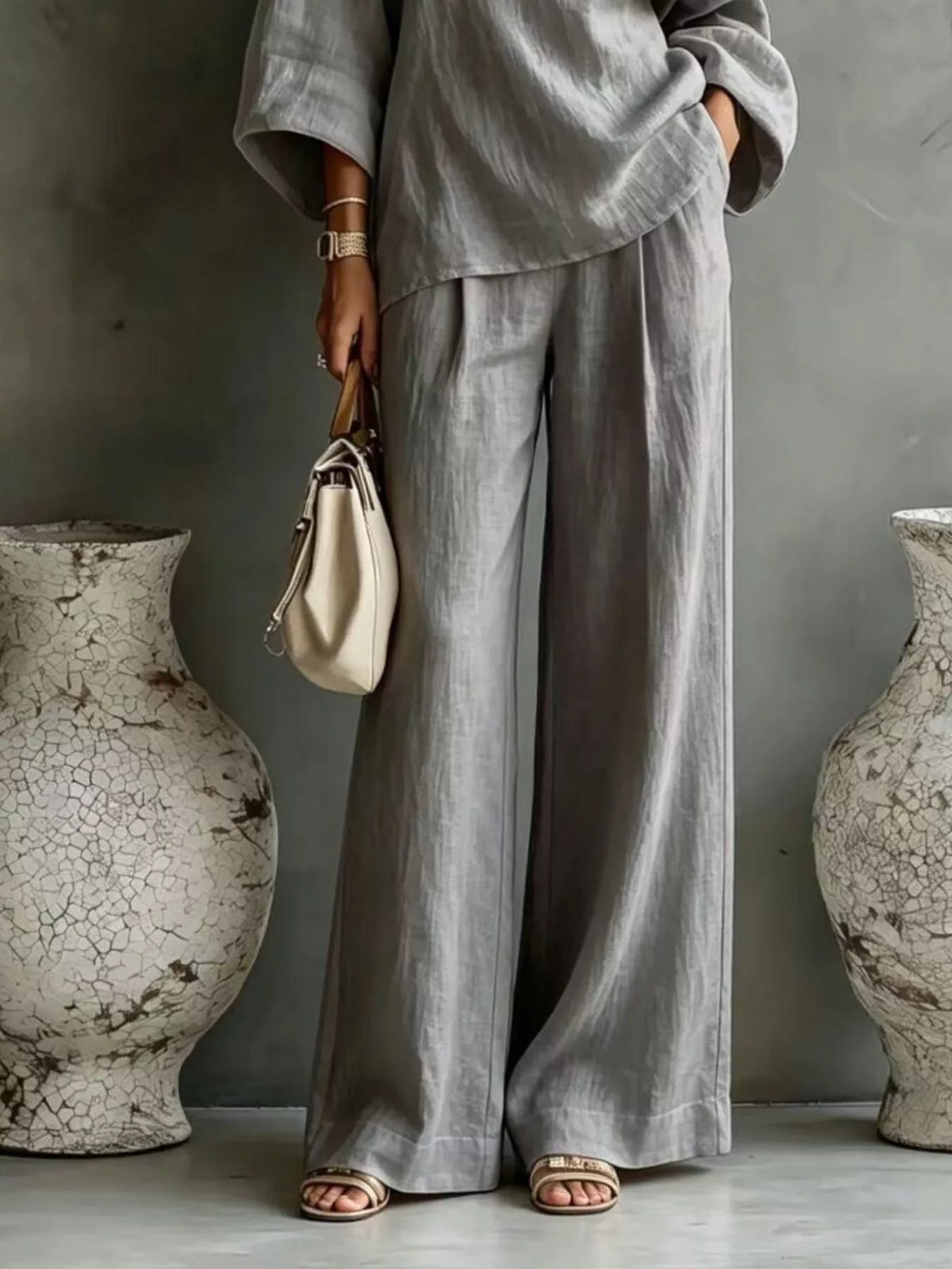 One Shoulder Top and Wide Leg Pants Set - Gray - View 3