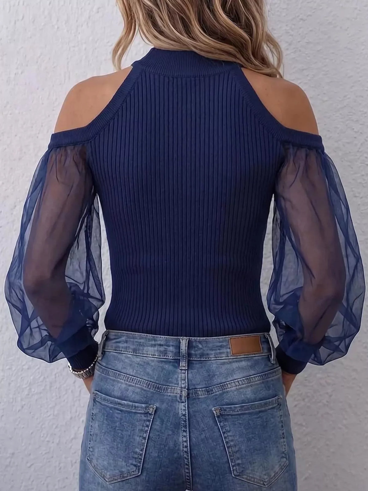 Full Size Cold Shoulder Sheer Mesh Sleeves Top Plus Size - Dark Blue - View 2