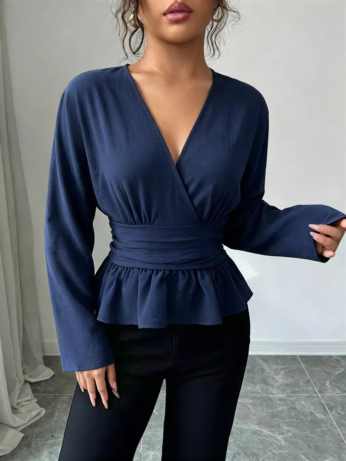 Surplice Long Sleeve Wrap Blouse - Dark Blue - View 2