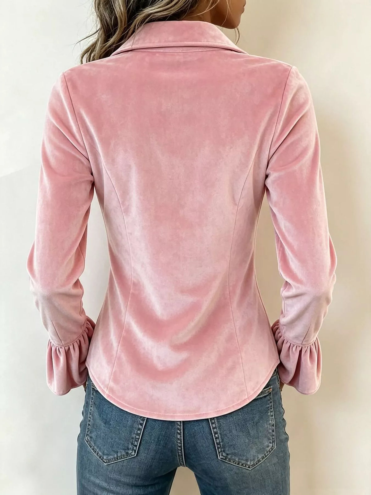 Velvet Button-Down Flounce Sleeve Shirt - Pink - View 2