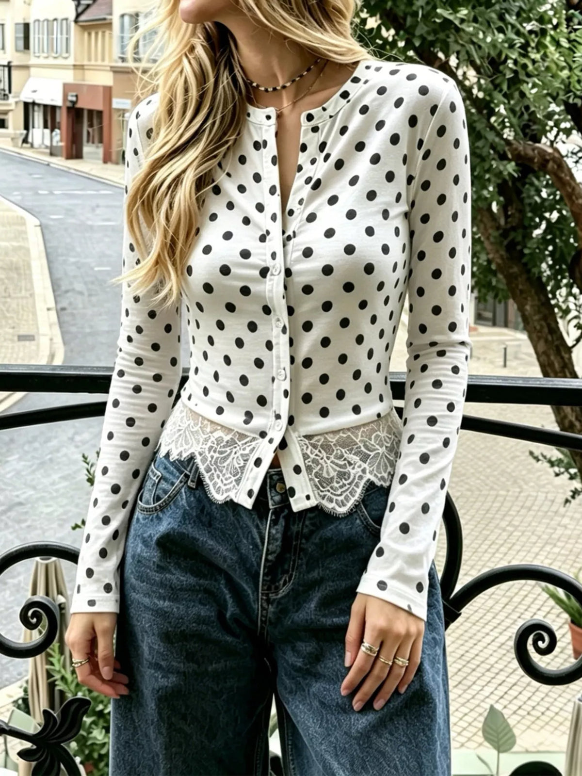 Polka Dot Long Sleeve Top with Lace Trim - White - View 3