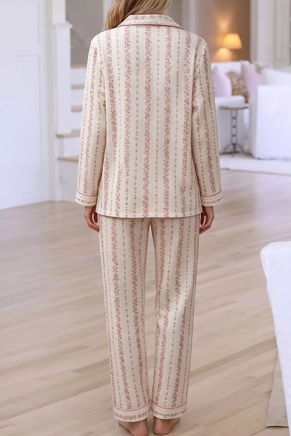 Floral Print Button-Down Top and Pants Loungewear Set - Blush Pink - View 2