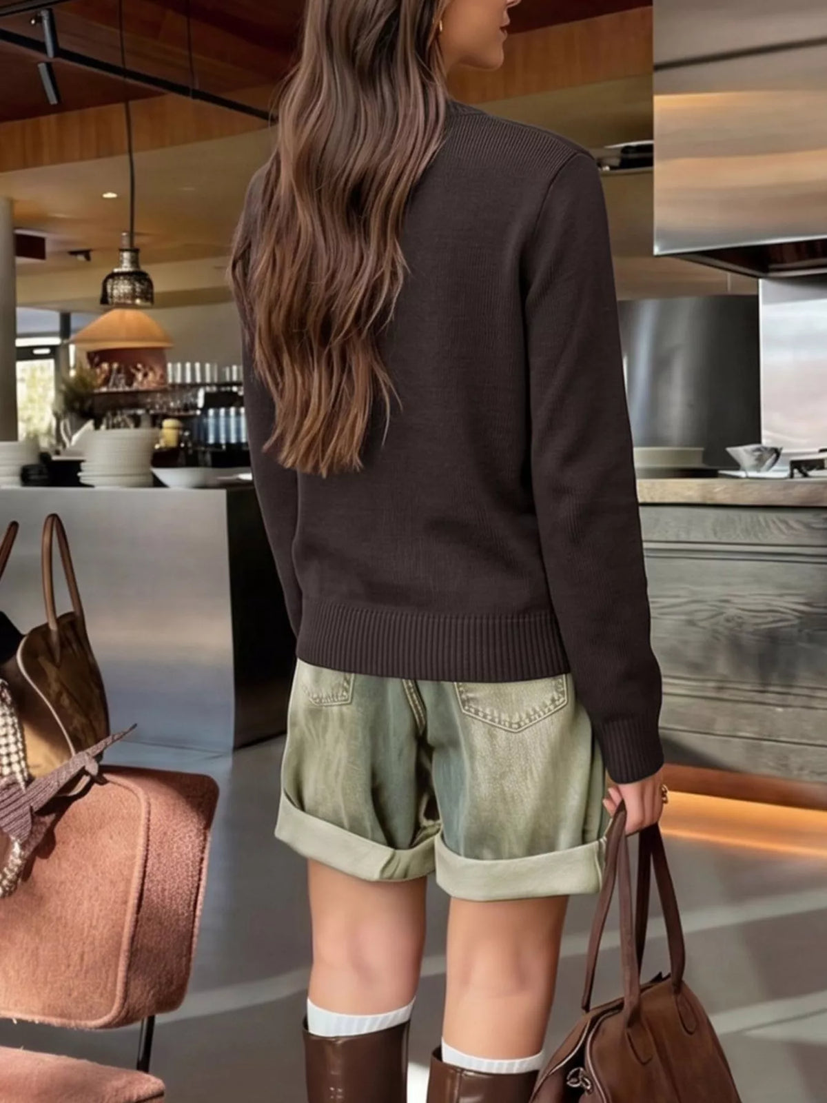 Button Down Long Sleeve Cardigan - Coffee Brown - View 9