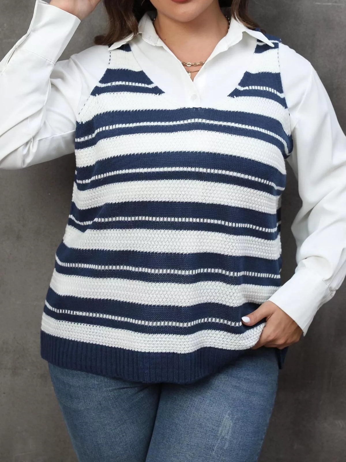 Plus Size Striped V-Neck Knit Sweater Vest - All Colors - View 2