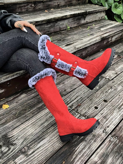 Round Toe Block Heels Boots - Red - View 2