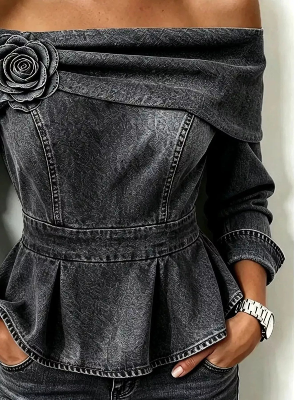 Full Size Off-Shoulder Floral Denim Look Top Plus Size - Black - View 3