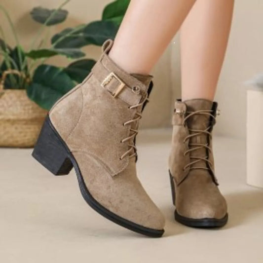 Round Toe Block Heels Boots - Khaki - View 2