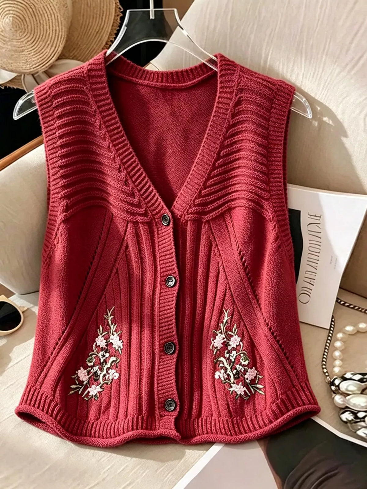 Floral Embroidered V-Neck Button-Down Sweater Vest - Deep Red - View 4
