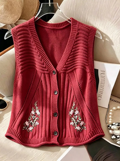 Floral Embroidered V-Neck Button-Down Sweater Vest - Deep Red - View 4