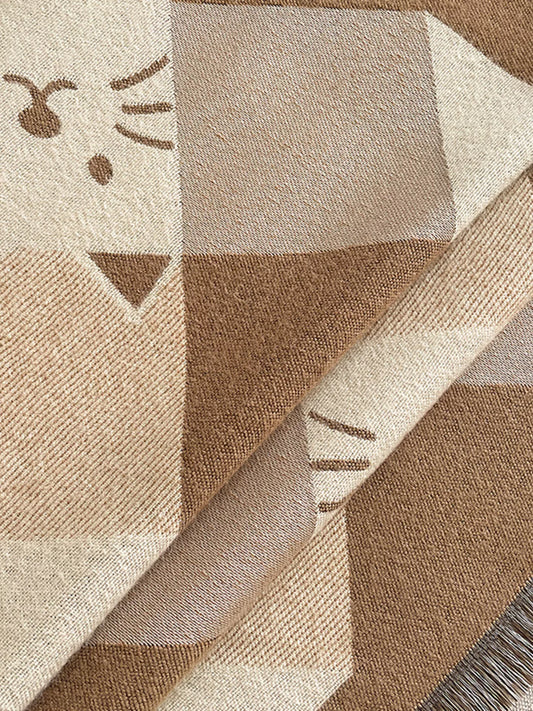 Cute Cat Pattern Plaid Raw Hem Scarf - Khaki - View 2