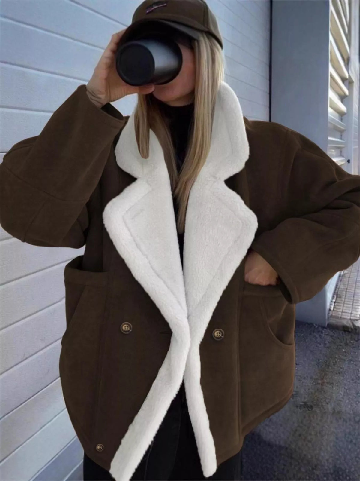 Plush Lined Dropped Shoulder Outerwear - Chocolate - View 1