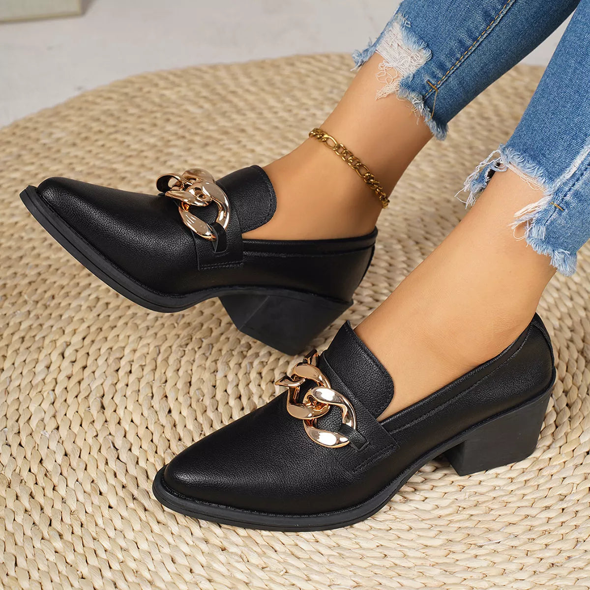 Point Toe Block Heels Loafers - F35 Black - View 6