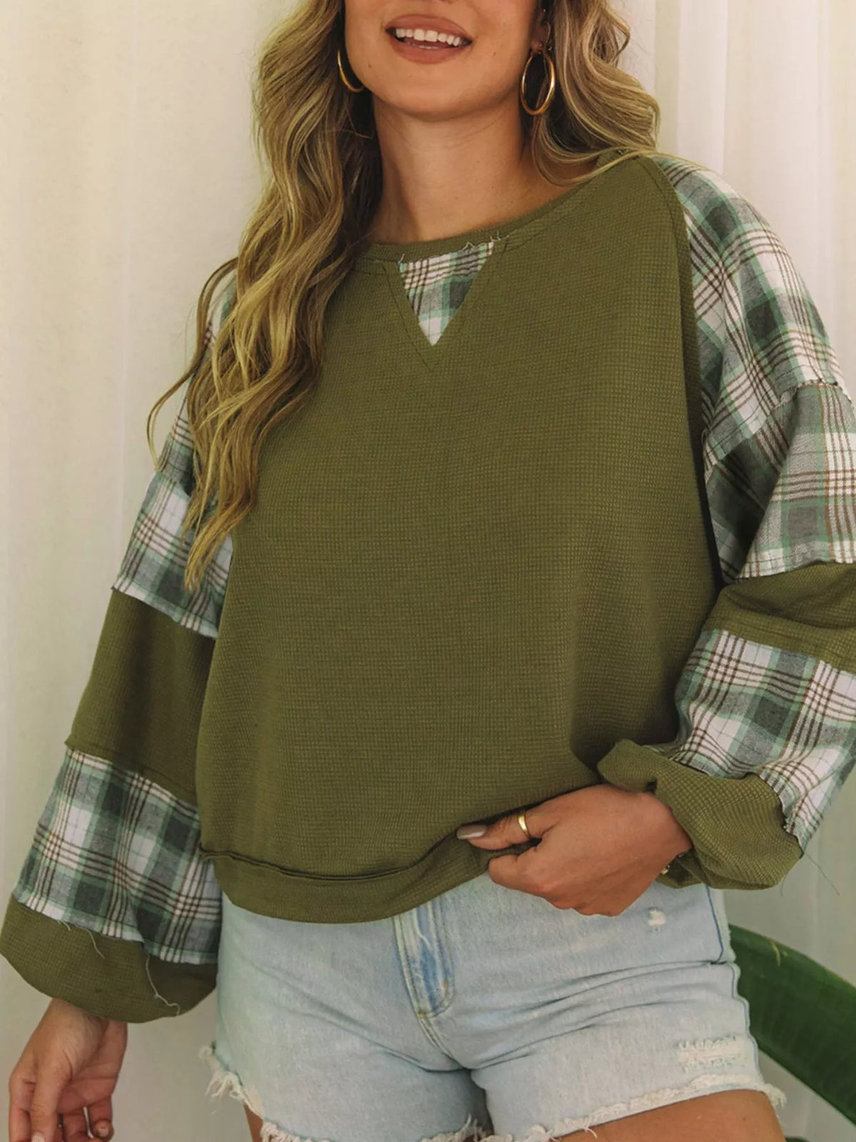 Plaid Patch Waffle Knit Exposed Seam Bubble Sleeve Top - Moss - View 1