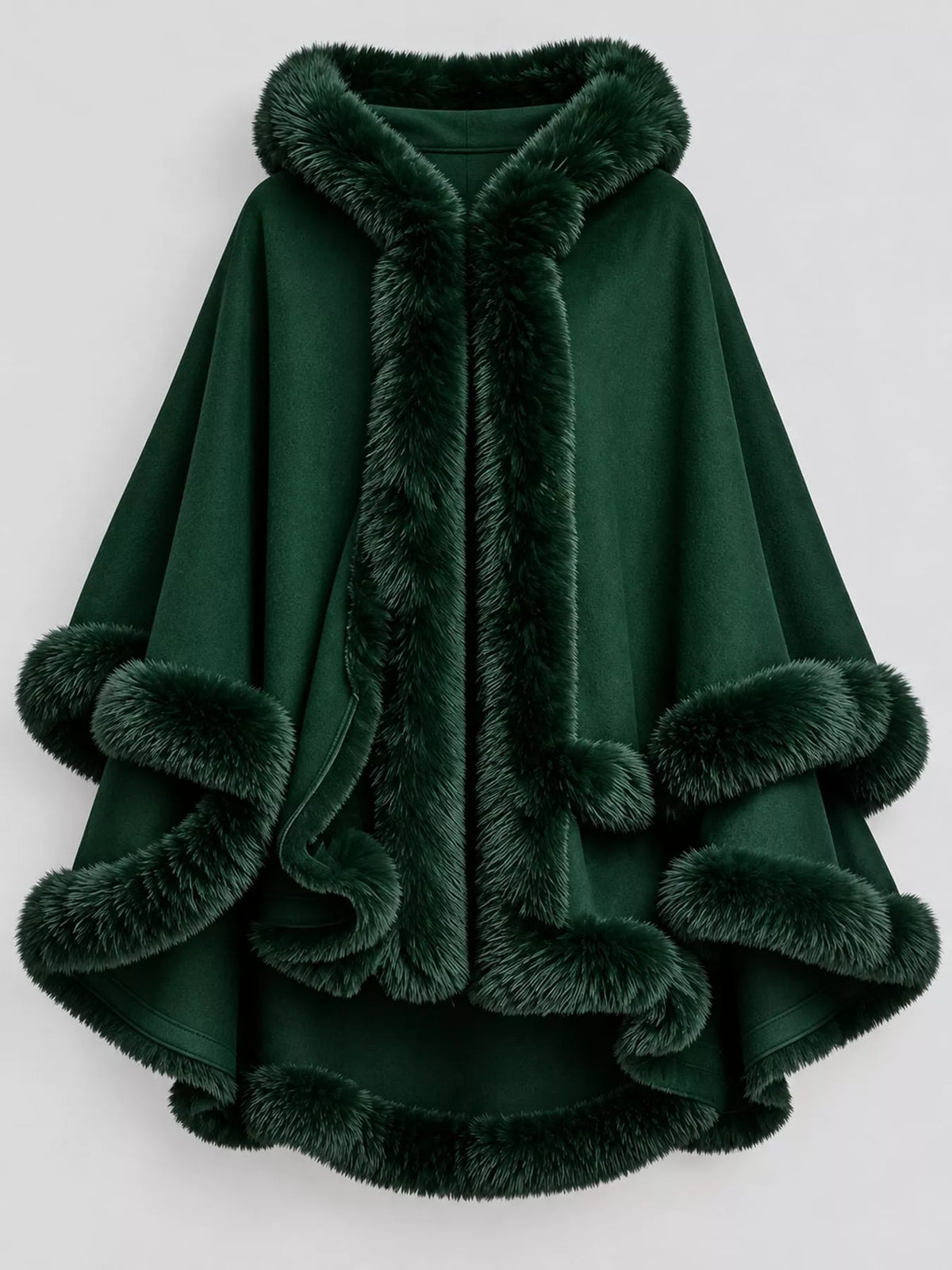 Faux Fur Trimmed Hooded Cape - Dark Green - View 42