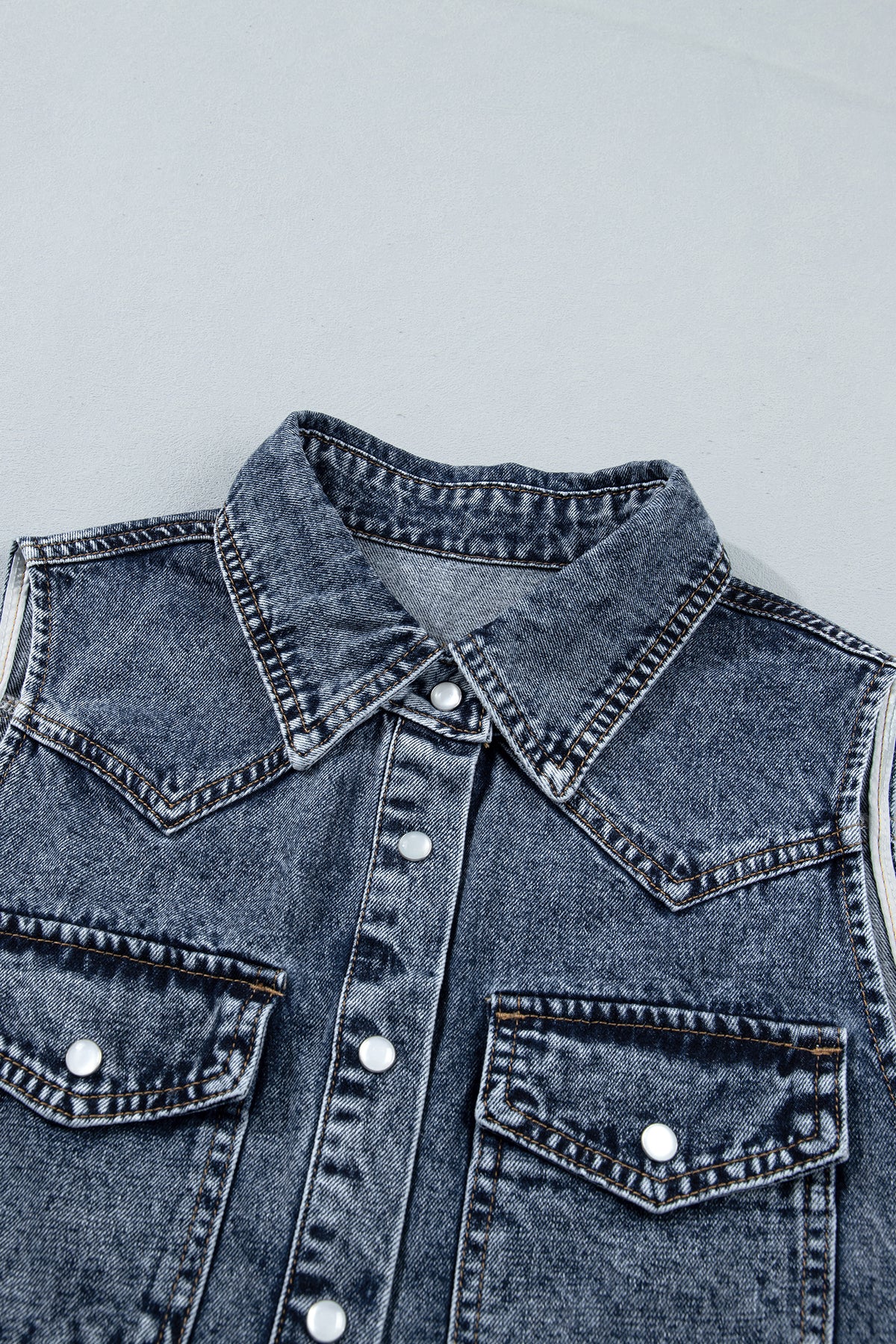 Ashleigh Blue Solid Denim Button Front Pocket Sleeveless Cowboy Vest - Ashleigh Blue - 10