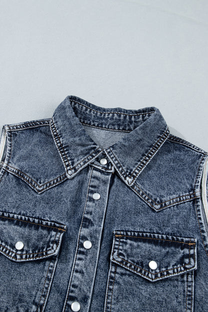 Ashleigh Blue Solid Denim Button Front Pocket Sleeveless Cowboy Vest - Ashleigh Blue - 10