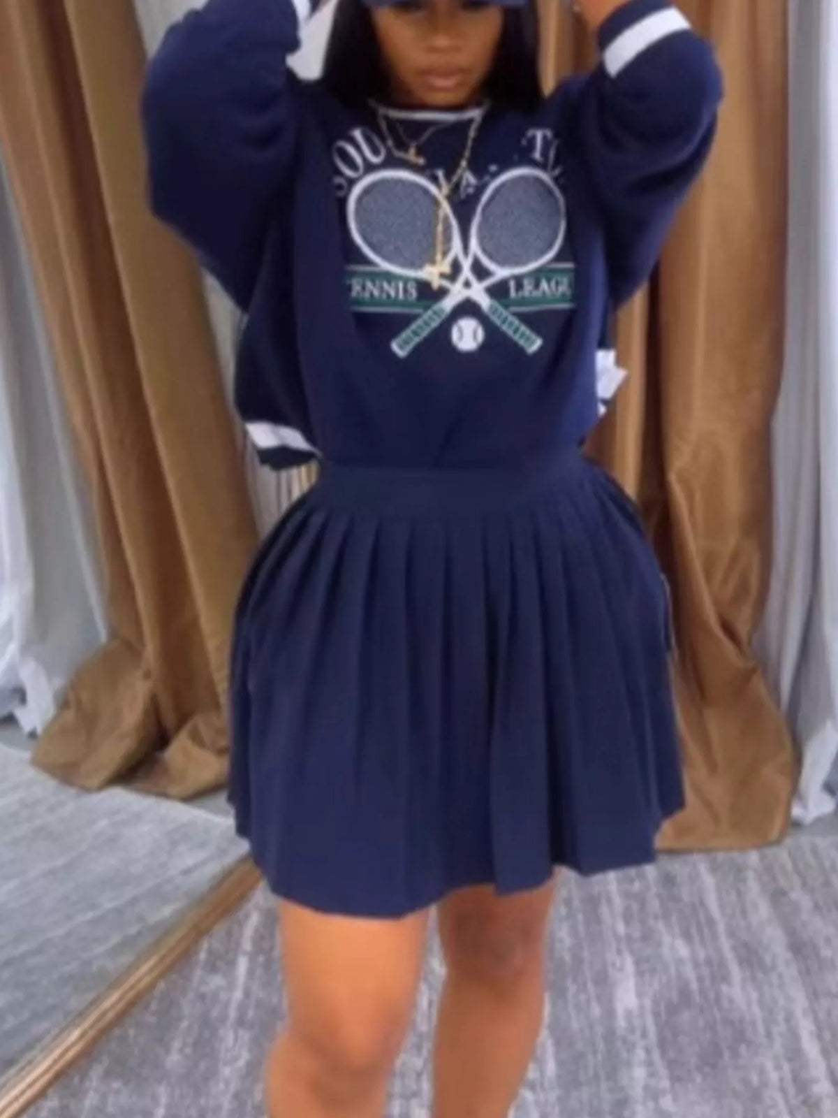 Graphic Sweatshirt & Pleated Skirt Set - Navy Blue - View 2