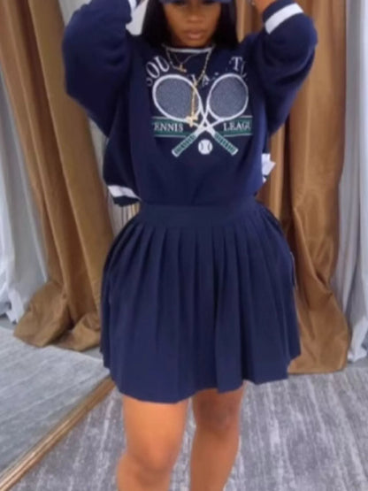 Graphic Sweatshirt & Pleated Skirt Set - Navy Blue - View 2